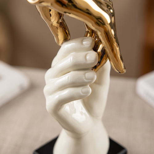Vertical Touch Hands Sculpture in Ivory & Gold