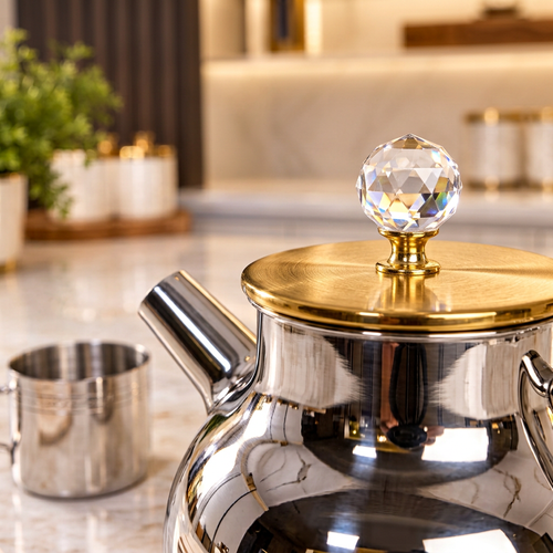 Modern Glass Mirror Finish Teapot and Cups Set with Tray  8 pcs