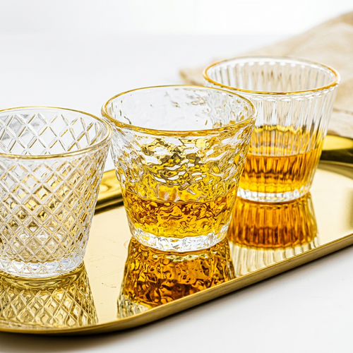 Textured Crystal Glass Cawa Tea Cups with Gold Rims Set of 6