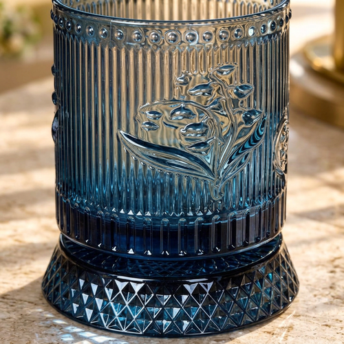 Luxury Blue Floral Embossed Rotating Glass (250 ML)