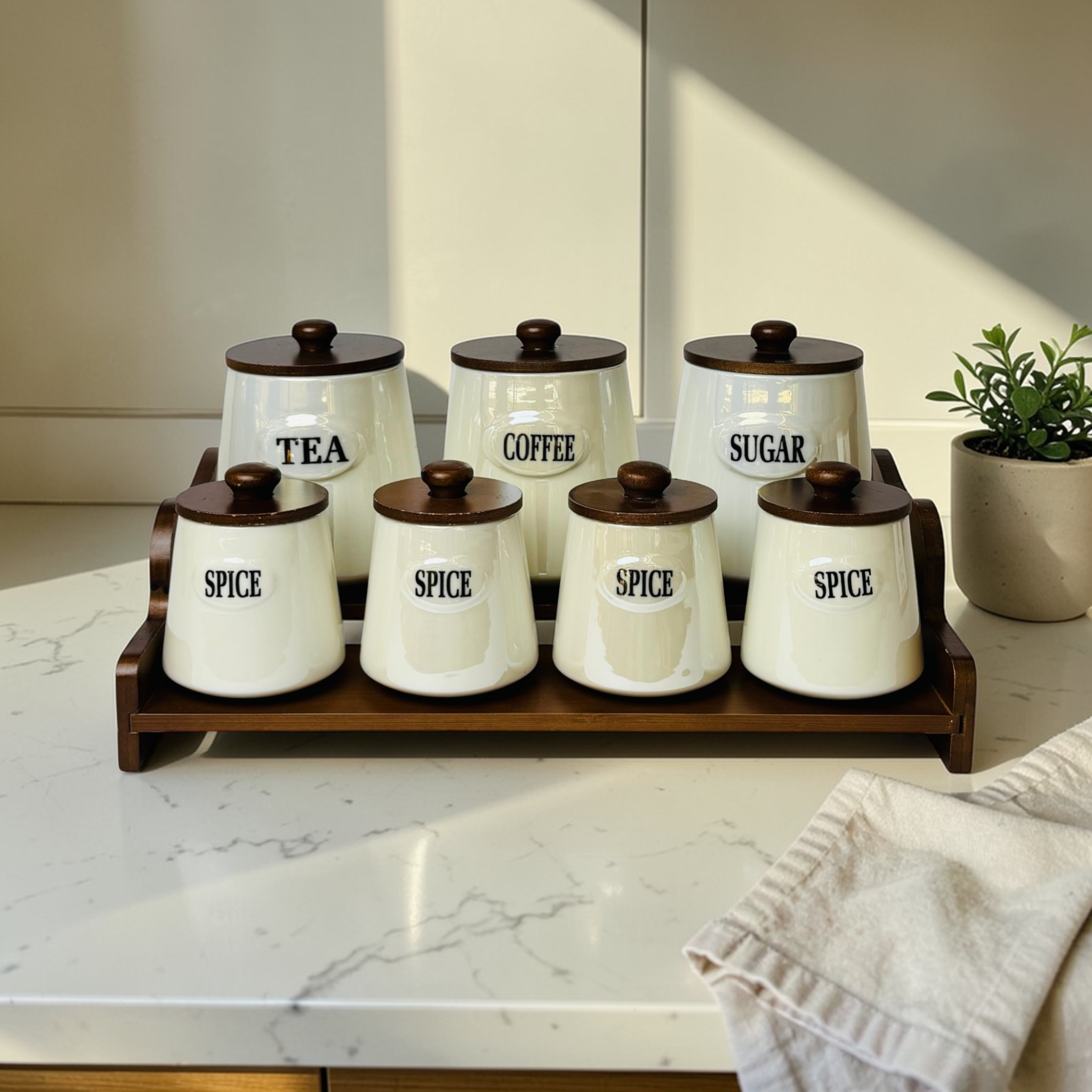 Premium Canister 7Pc Set With Wooden Stand