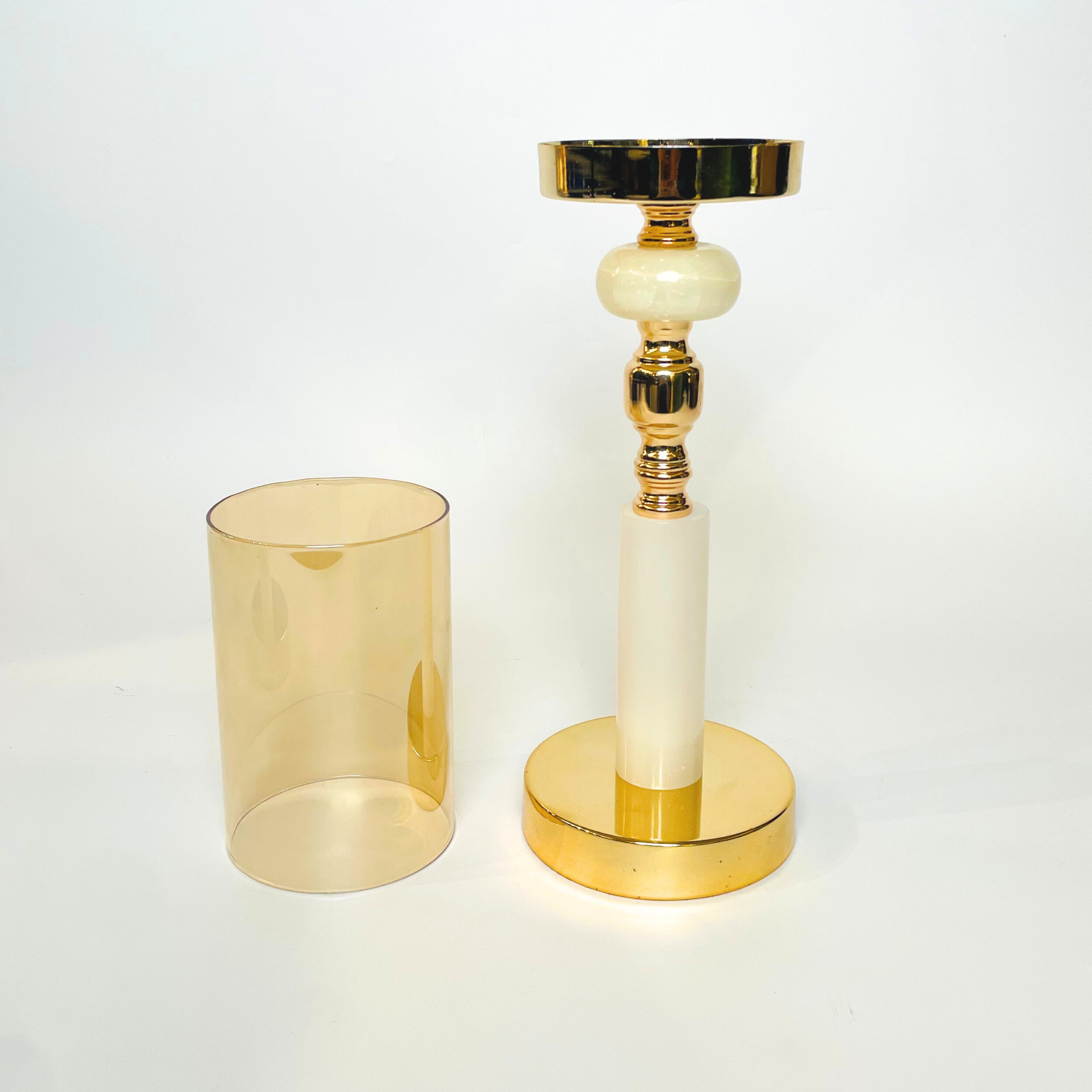 Gold & Ivory Candle Holder with Amber Glass Shade – Elegant Table Accent