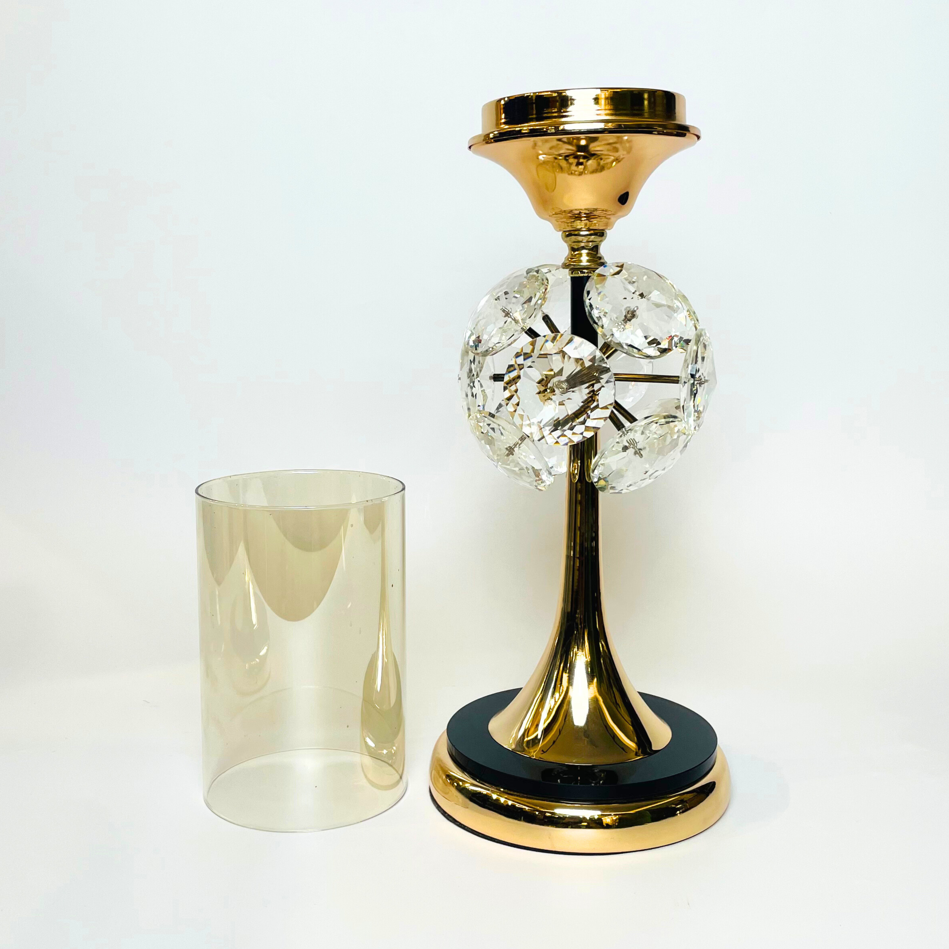 Crystal Floral Design Candle Holder with Gold Base & Glass Shade – Luxury Accent Piece