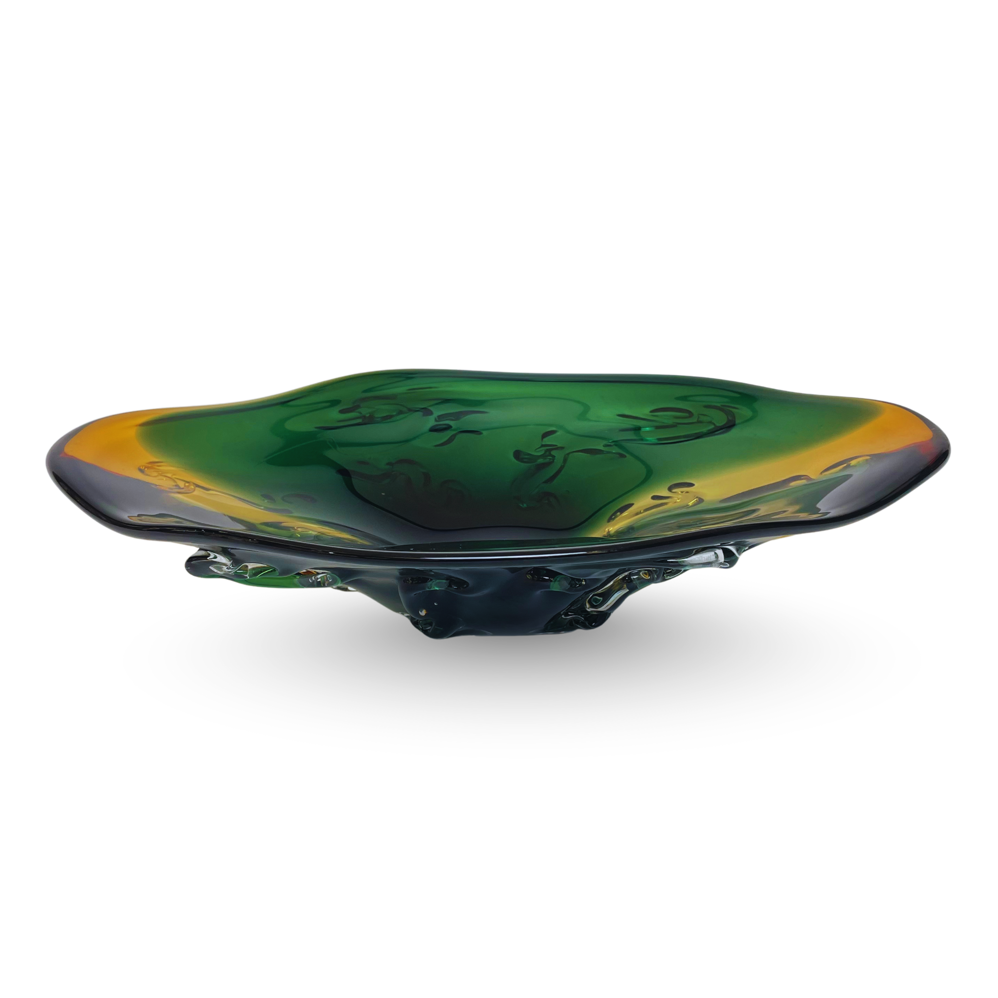 Forest Green & Amber Artistic Glass Centerpiece Bowl