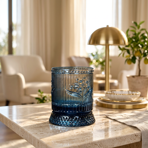 Luxury Blue Floral Embossed Rotating Glass (250 ML)