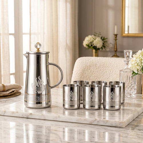 Modern Mirror Finish Pitcher and Glass 7 Piece Set