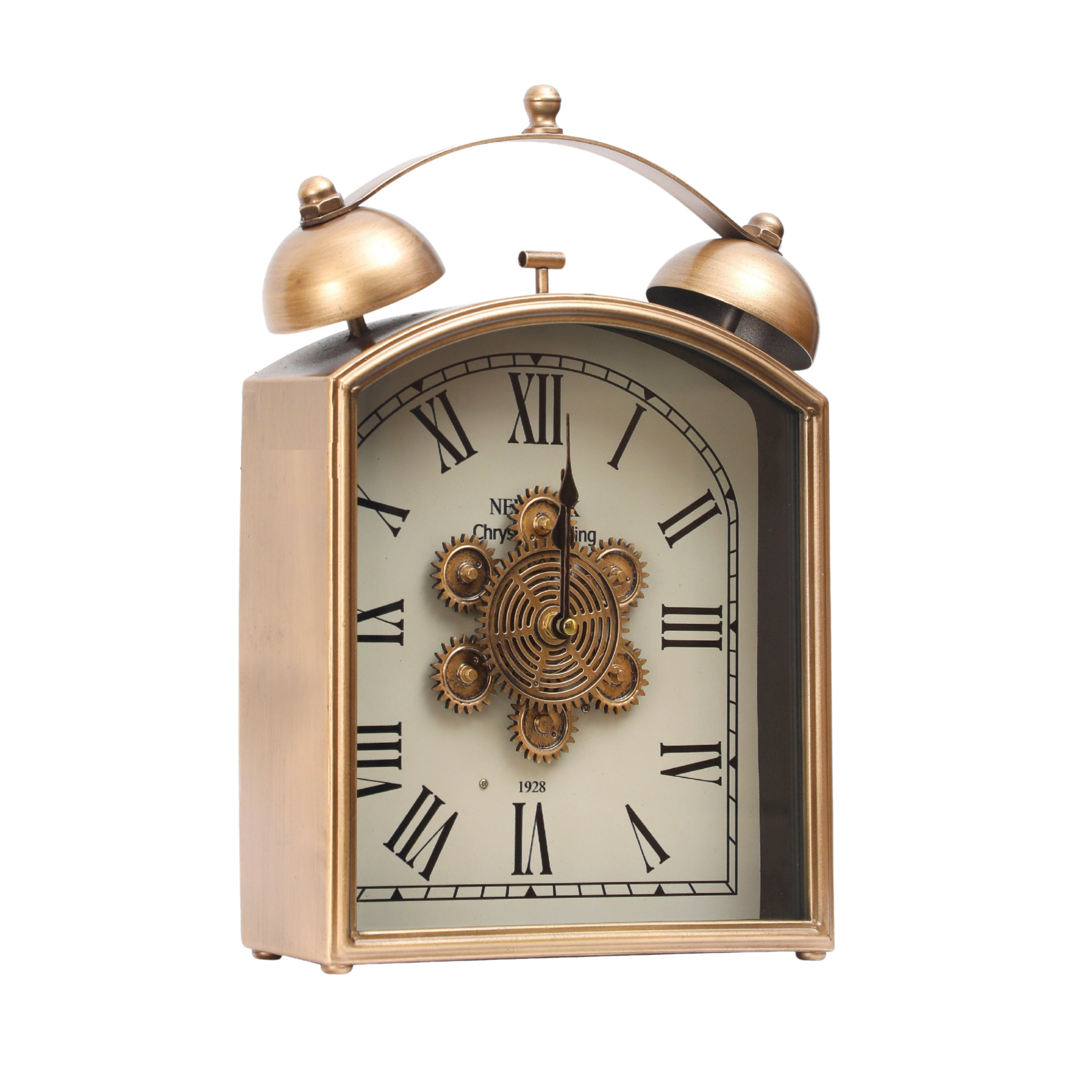 Vintage Brass Finish Twin Bell Table Clock with Roman Numerals