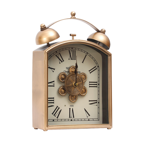 Vintage Brass Finish Twin Bell Table Clock with Roman Numerals