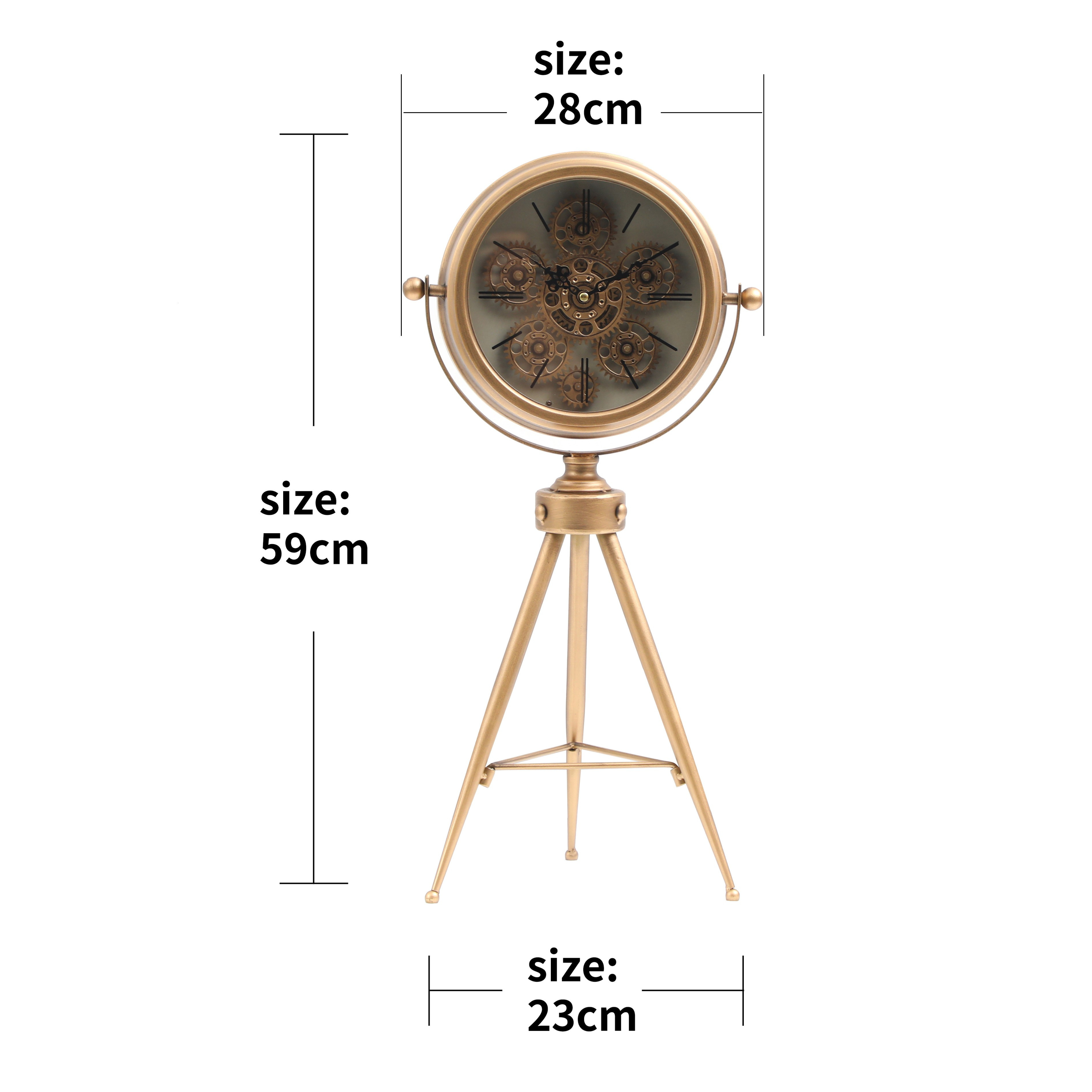 Vintage Tripod Table Clock – Antique Brass with Exposed Gears