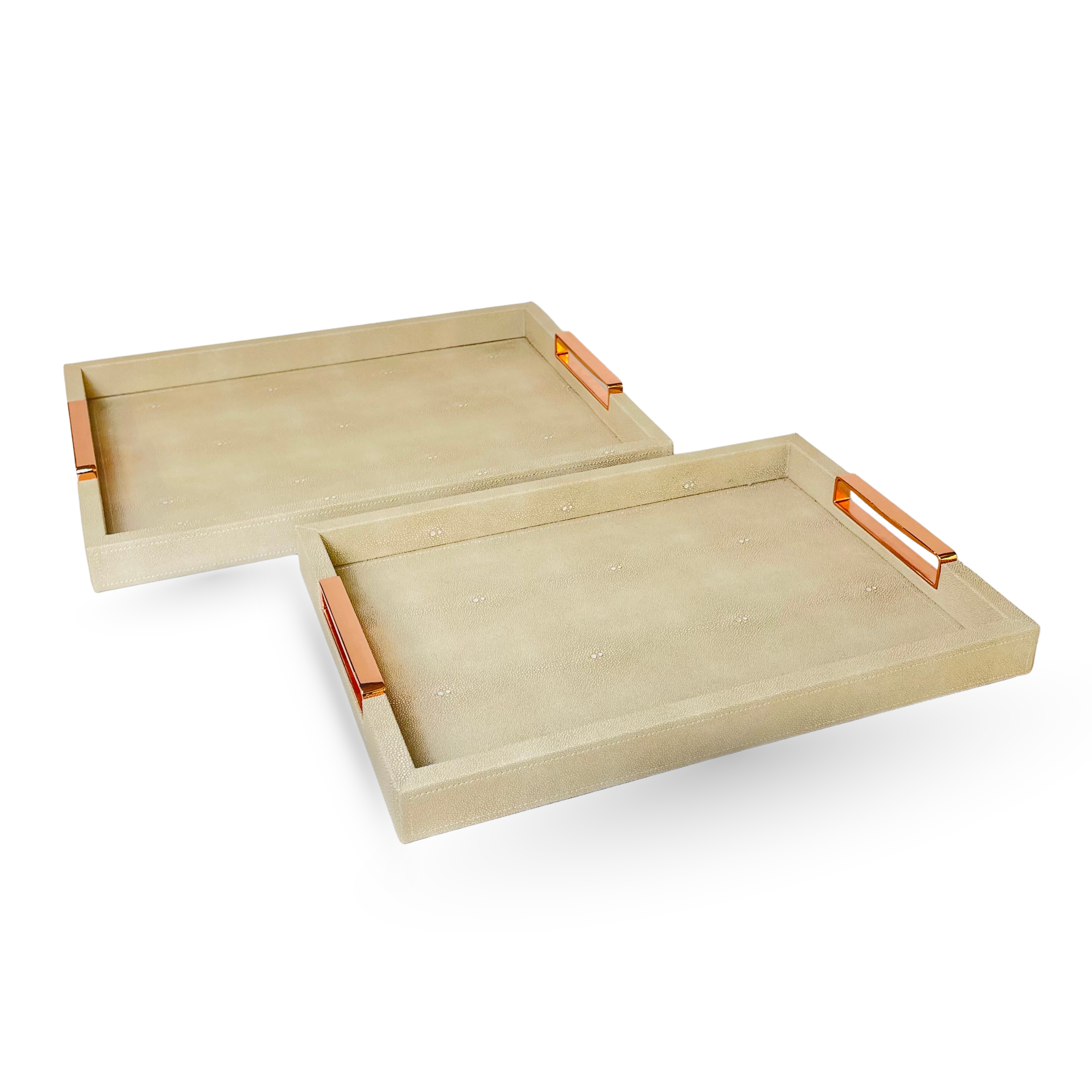 Elegant Beige Rectangular Serving Tray with Rose Gold Handles – Set of 2