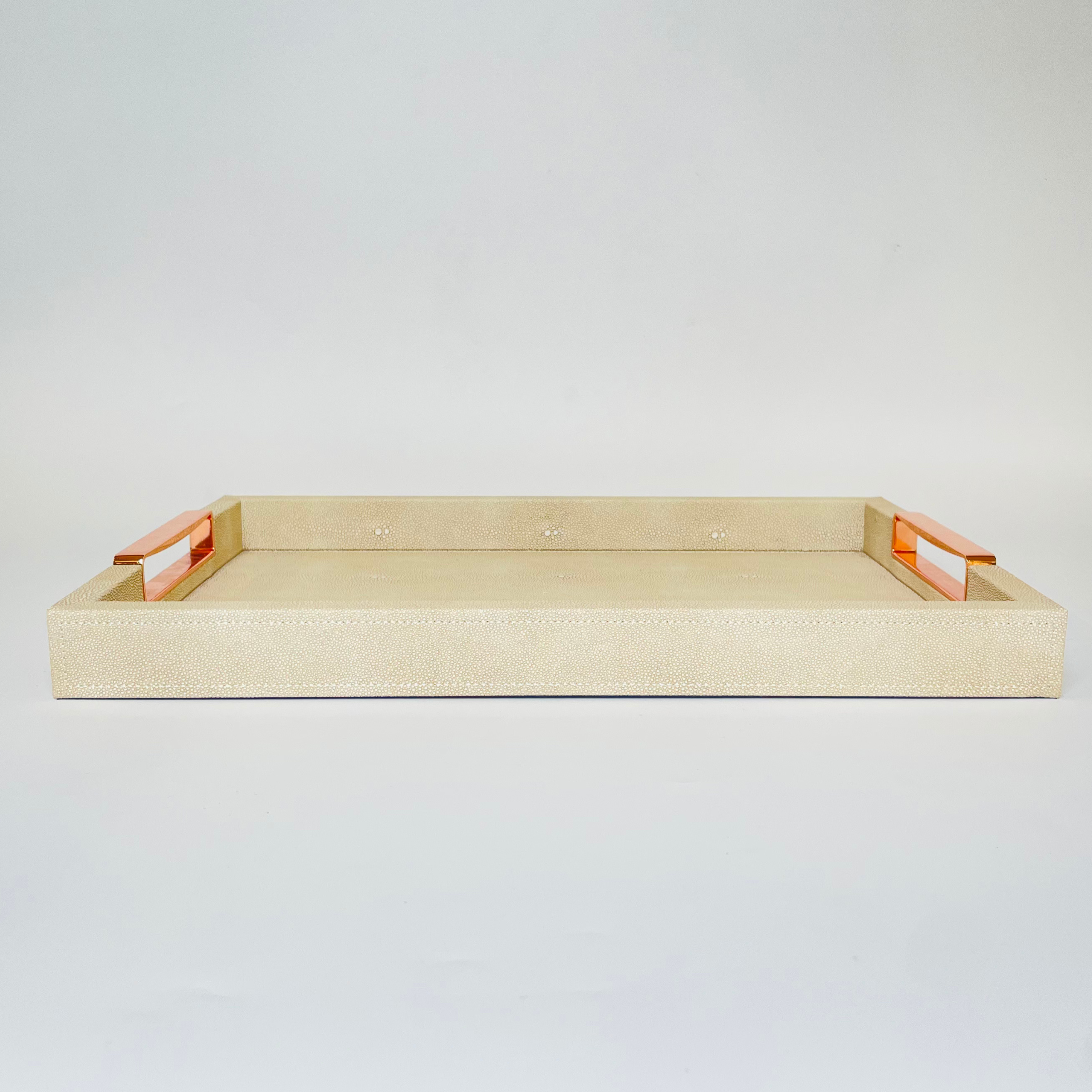 Elegant Beige Rectangular Serving Tray with Rose Gold Handles – Set of 2