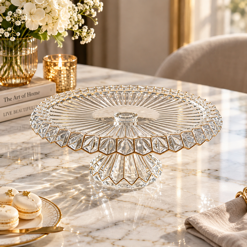 Elegant Scalloped Glass Cake Stand with Gold Trim