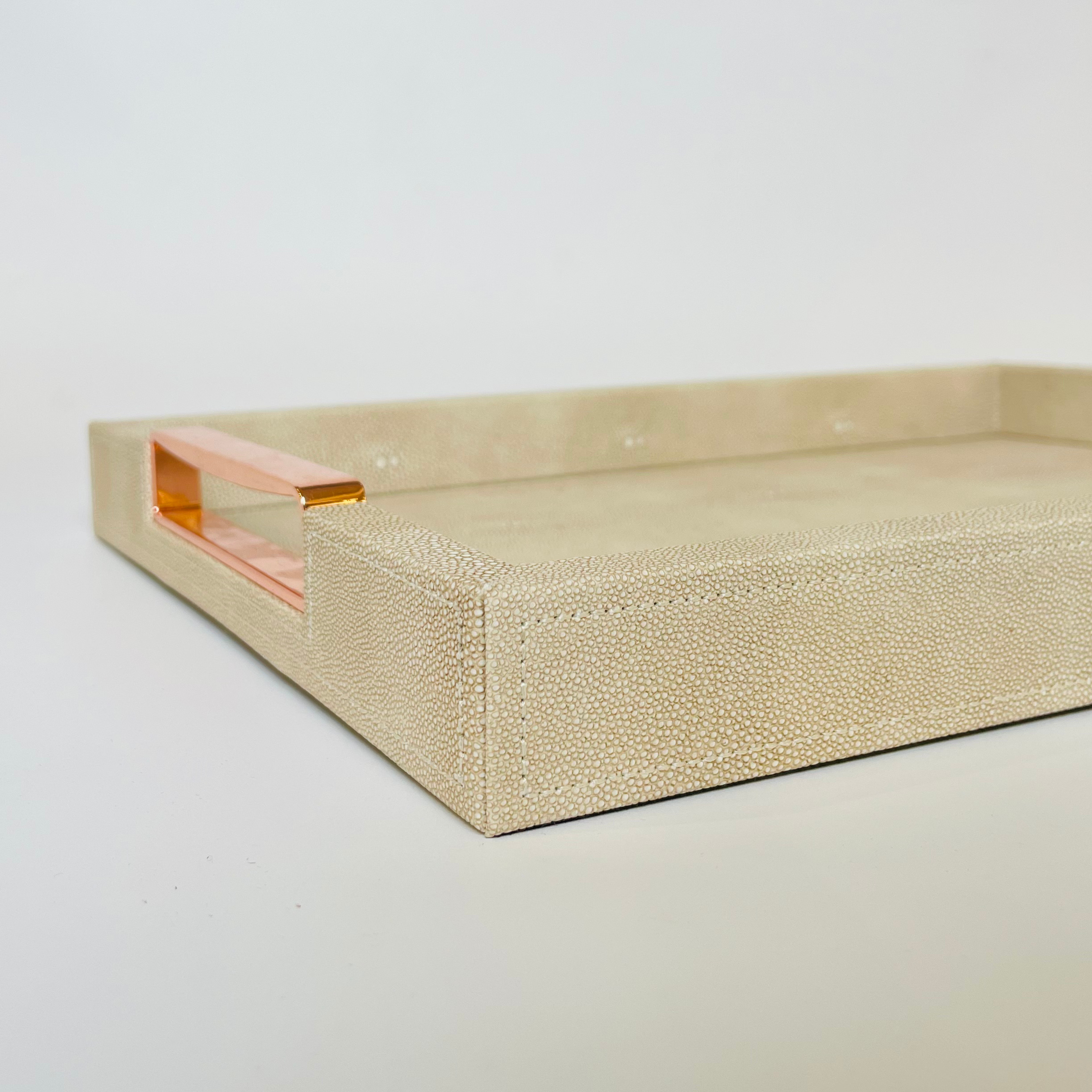 Elegant Beige Rectangular Serving Tray with Rose Gold Handles – Set of 2