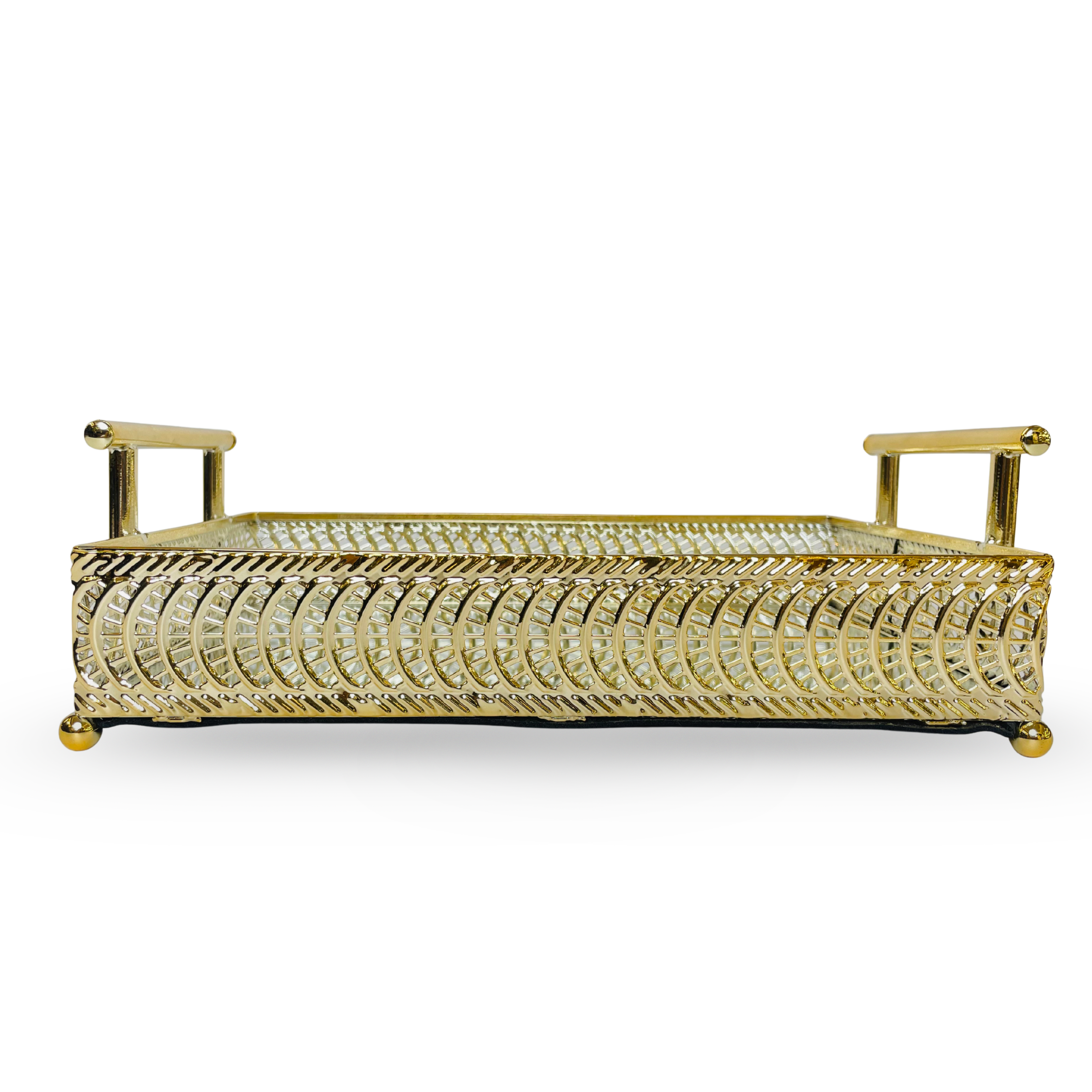 Vintage Gold Rectangular Metal Serving Trays with Glass Base – Set of 2