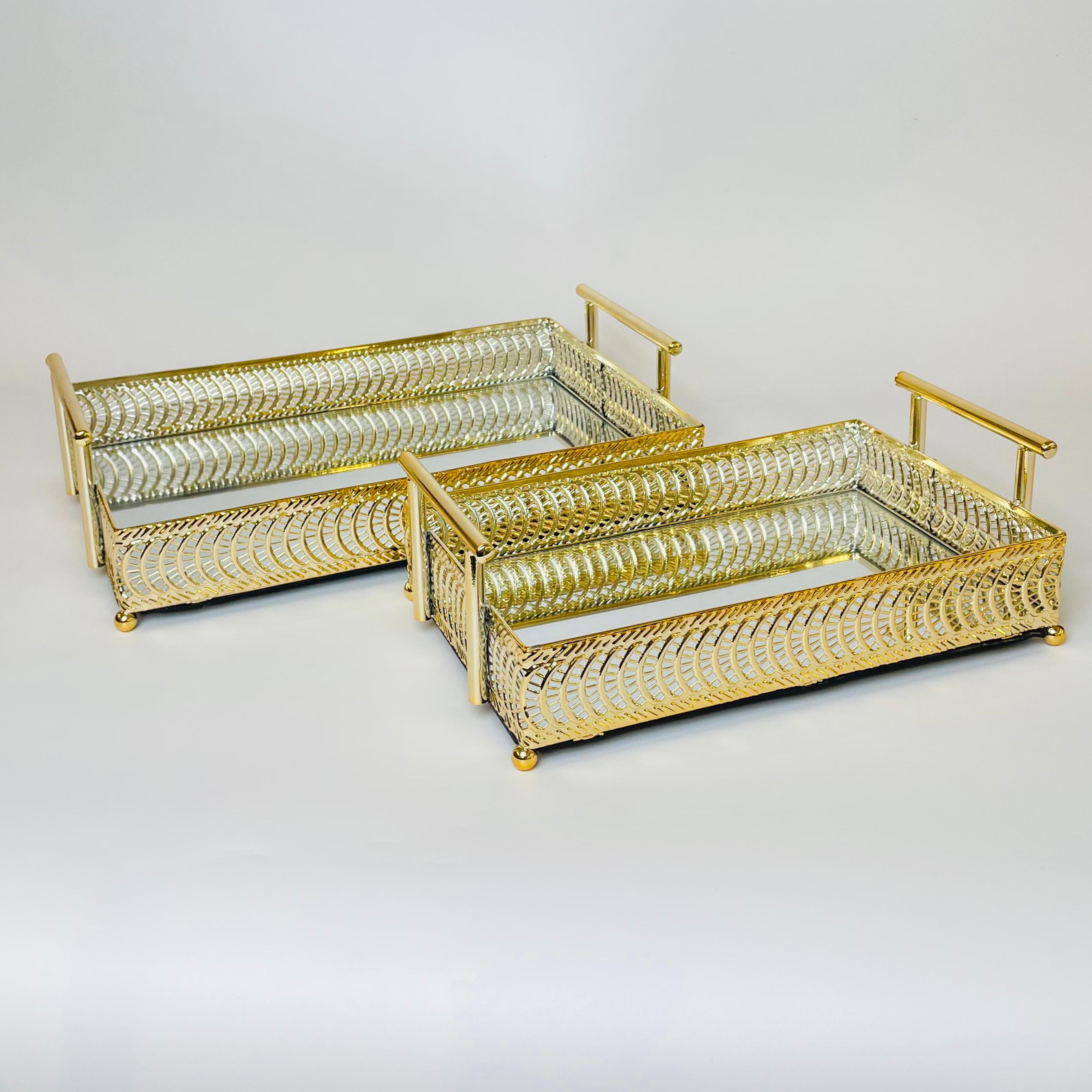 Vintage Gold Rectangular Metal Serving Trays with Glass Base – Set of 2