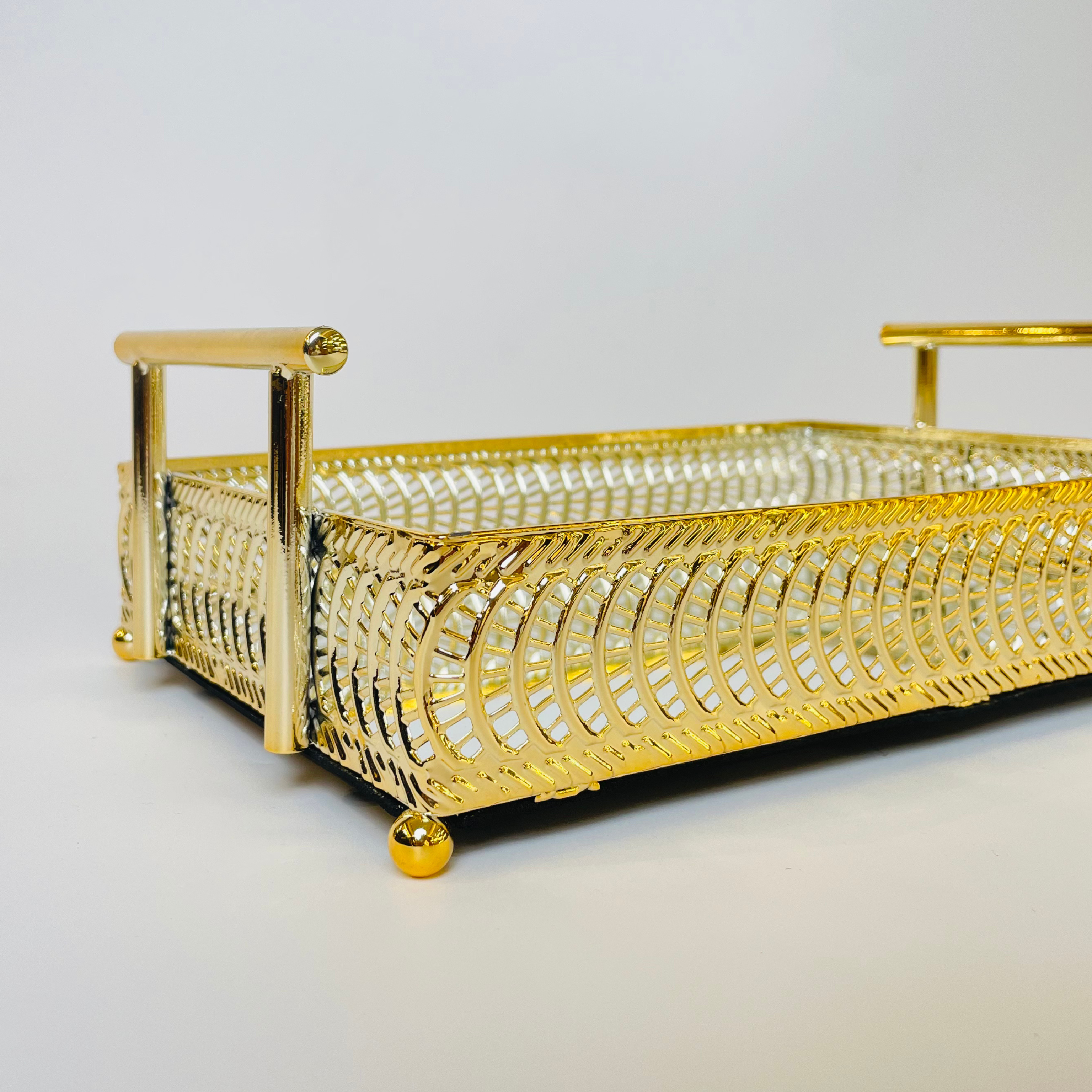 Vintage Gold Rectangular Metal Serving Trays with Glass Base – Set of 2