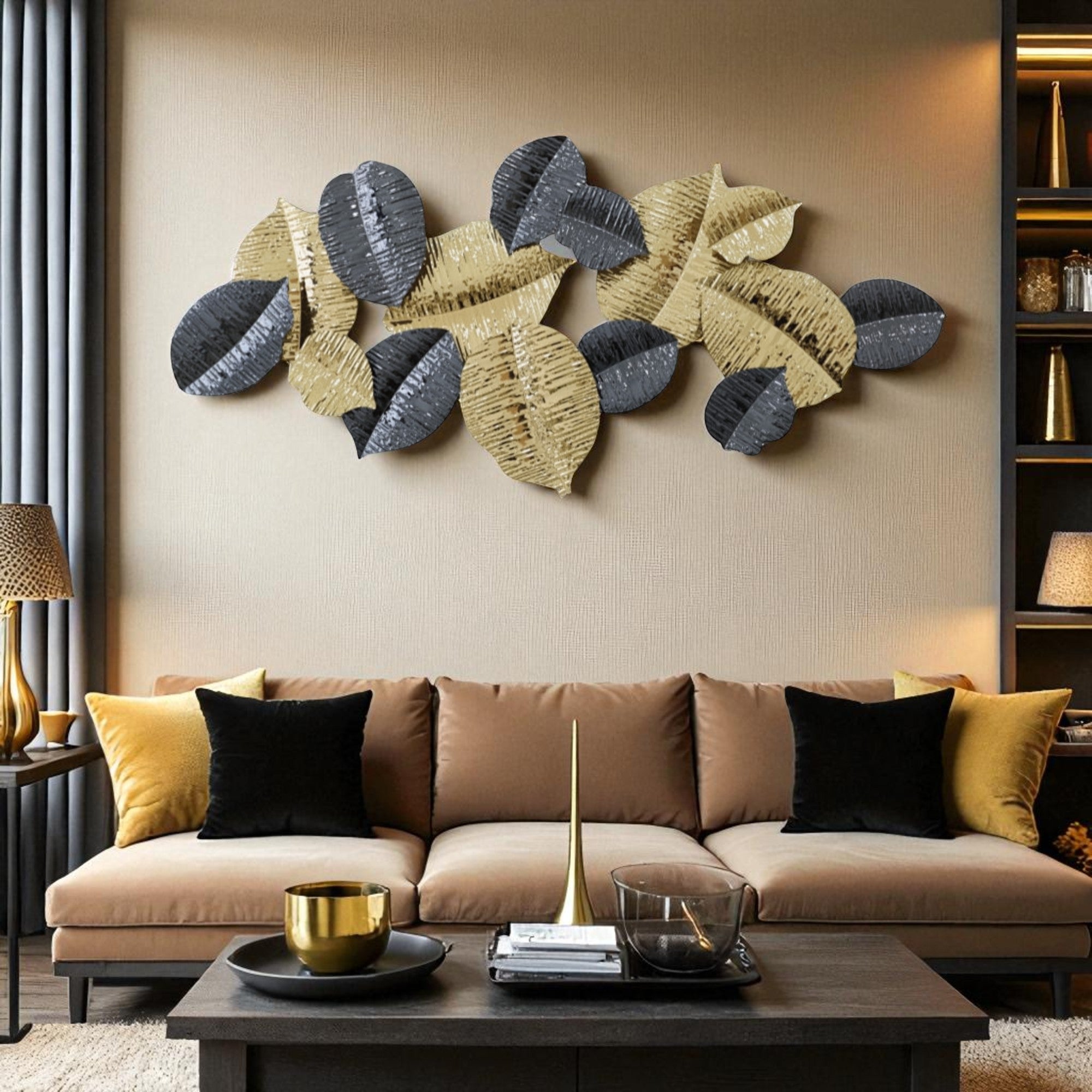 Elysian Harmony – Gold & Charcoal Leaf Wall Art