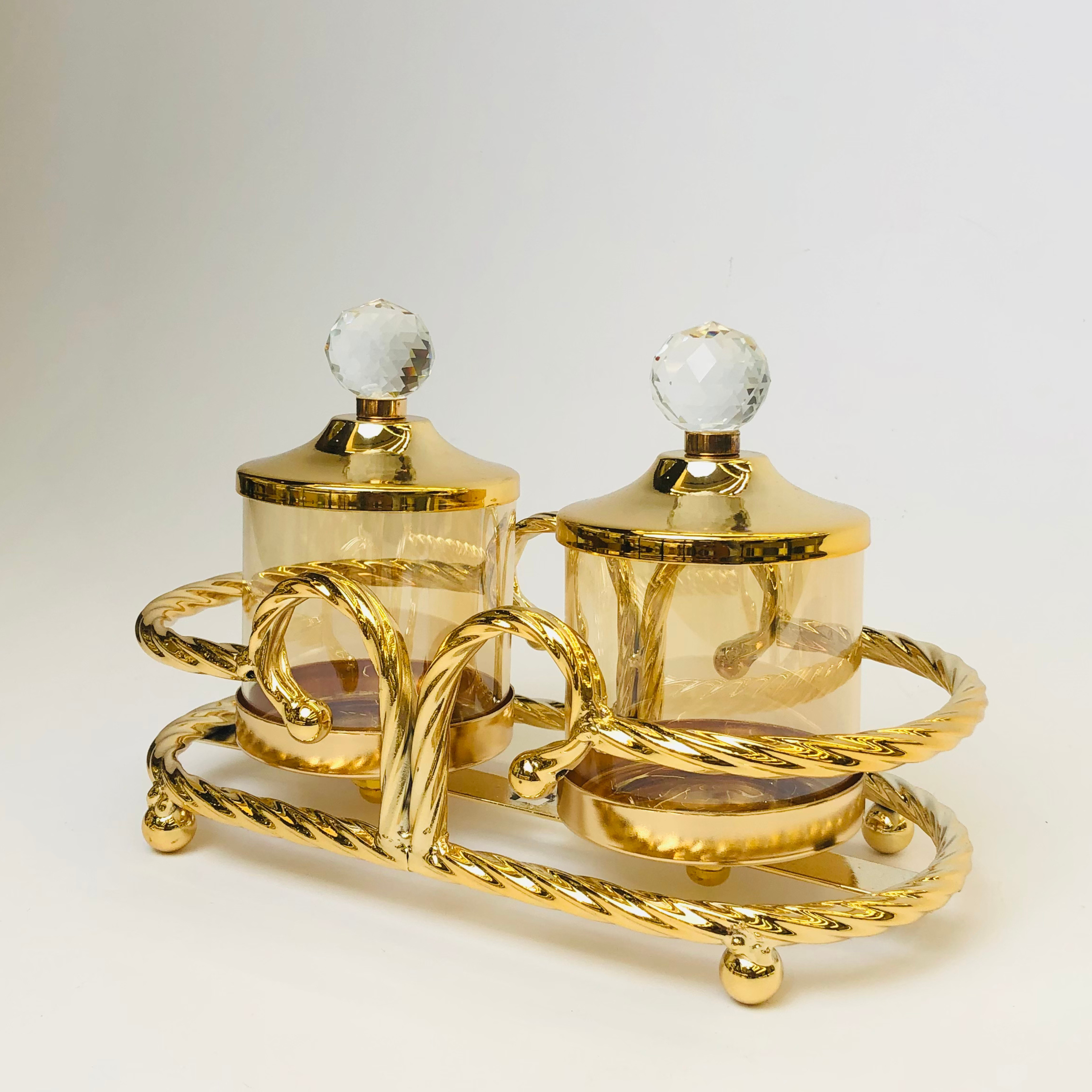 Golden Glass Storage Jar Set with Crystal Lid – 2&3 Pcs Jar Set