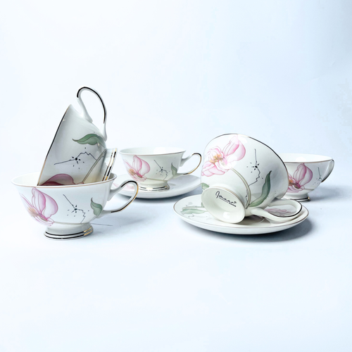 Ivory Mesh Pattern Premium Tea Cups & Saucer - Set of 6 (200 cc)