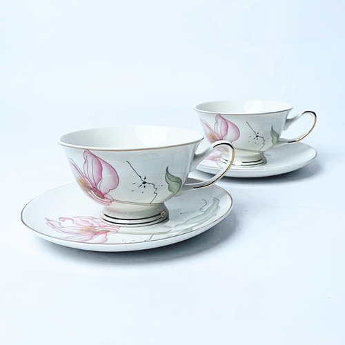 Ivory Mesh Pattern Premium Tea Cups & Saucer - Set of 6 (200 cc)