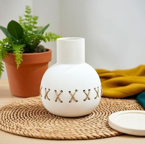 Spherical Ceramic Vase with Twine Cross-Lacing