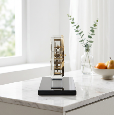 Regal Gold Skeleton Desk Clock with Crystal Pillars