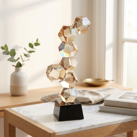 Modern Amber Crystal Geometric Cube Sculpture
