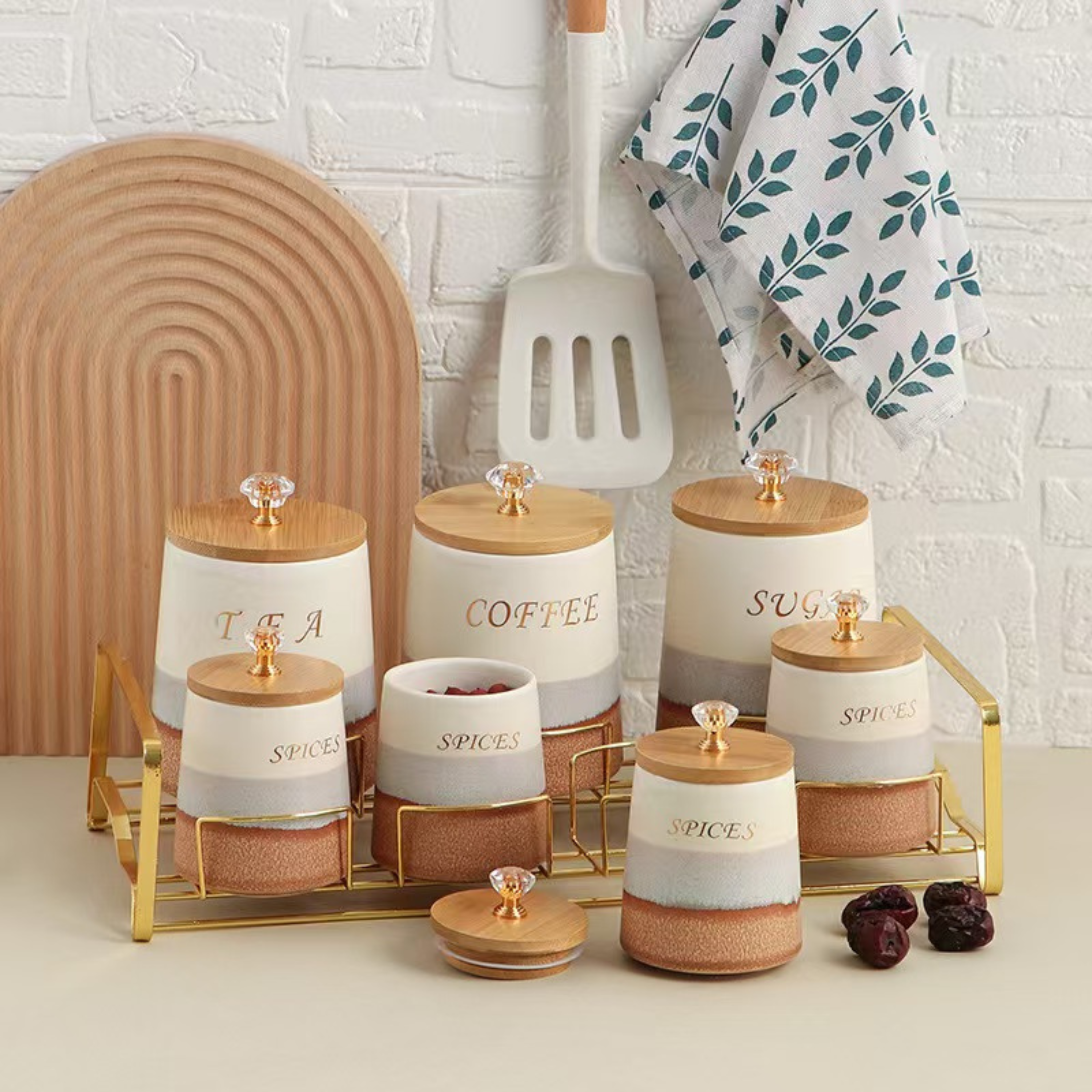 Elegant Ceramic Kitchen Canister Set | Gold & Wood Accents