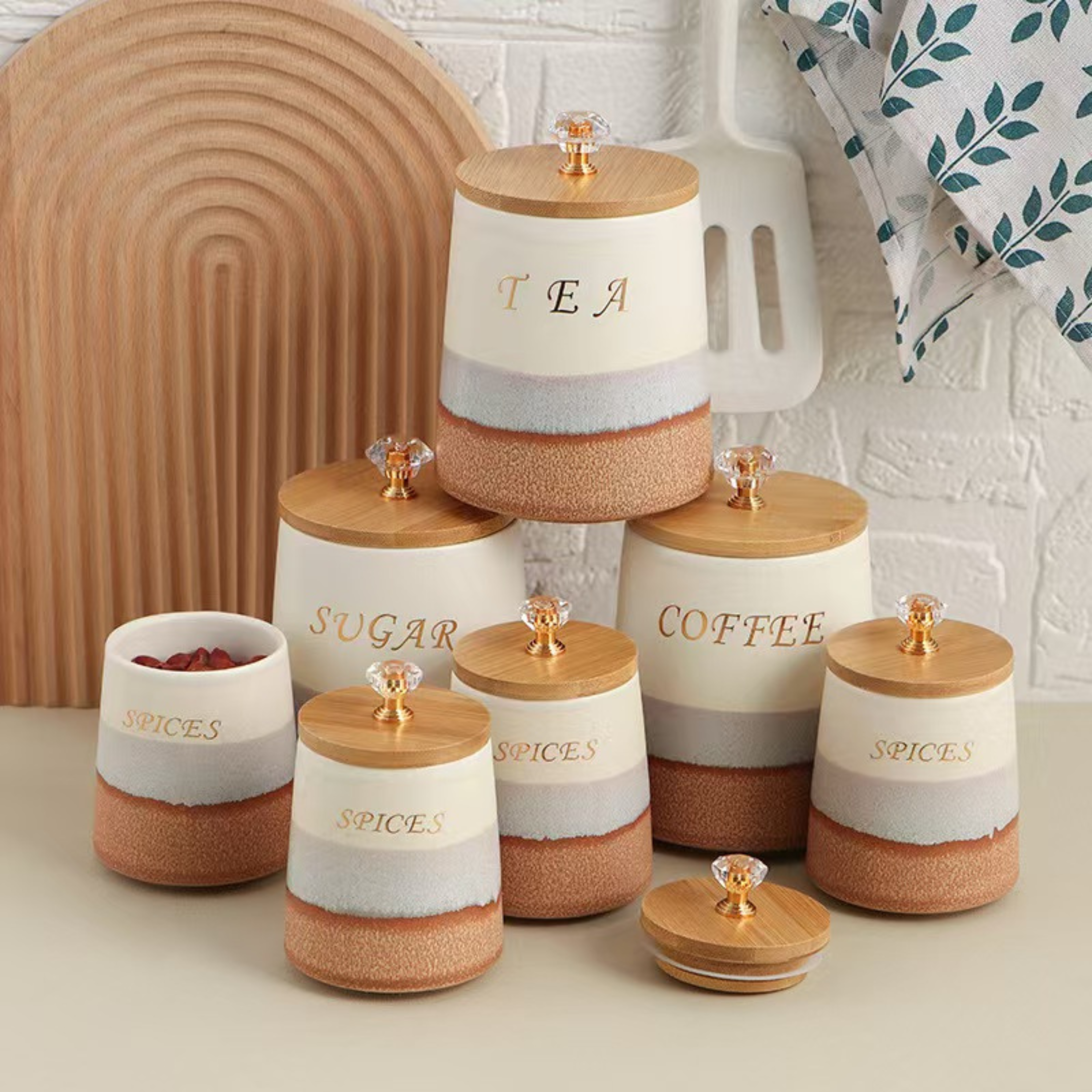 Elegant Ceramic Kitchen Canister Set | Gold & Wood Accents