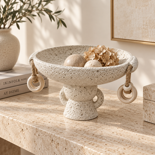 Elegant Volcanic Bowl with Wooden Ring Accents