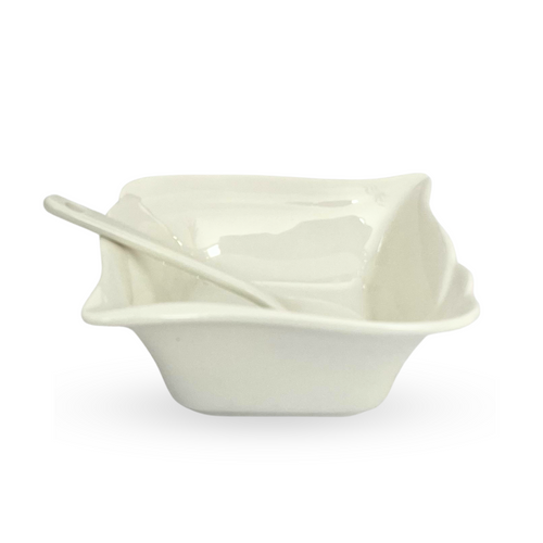Classic Serve – White Ceramic Bowl with Spoon - Set Of 8