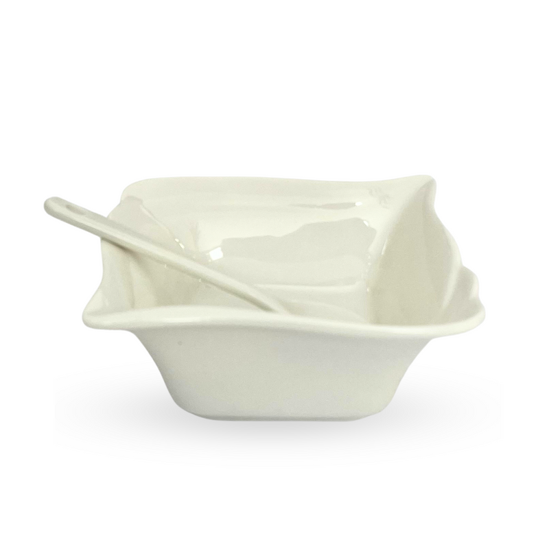 Classic Serve – White Ceramic Bowl with Spoon - Set Of 8