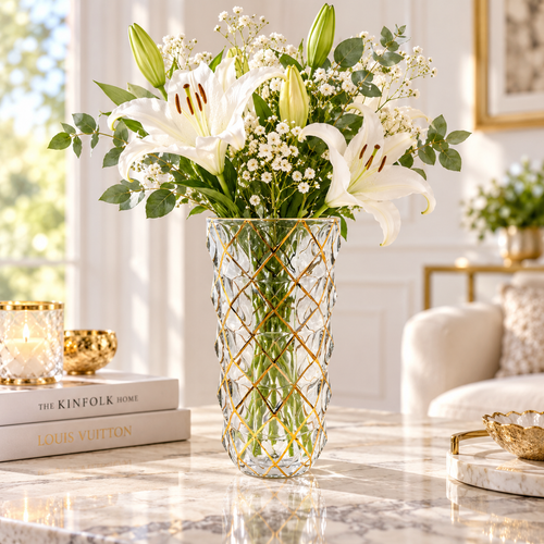 Modern Gold Lattice Faceted Glass Vase