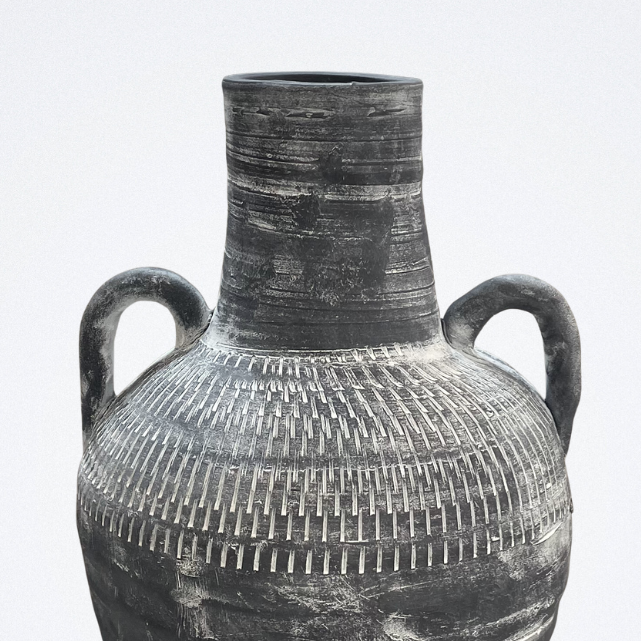 Antique Grey Ceramic Vase with Dual Handles