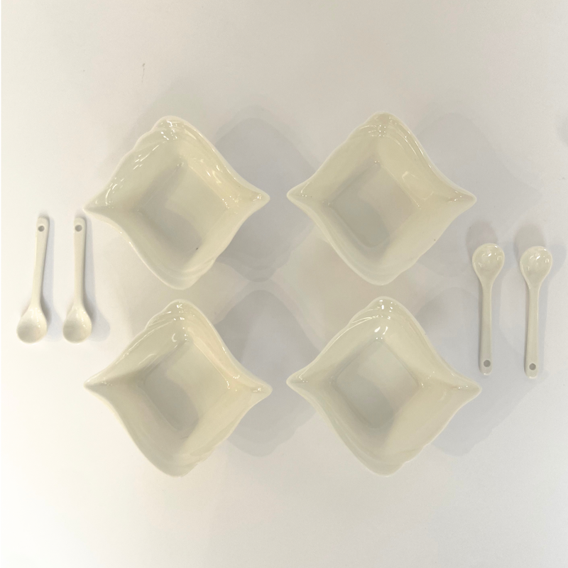 Classic Serve – White Ceramic Bowl with Spoon - Set Of 8
