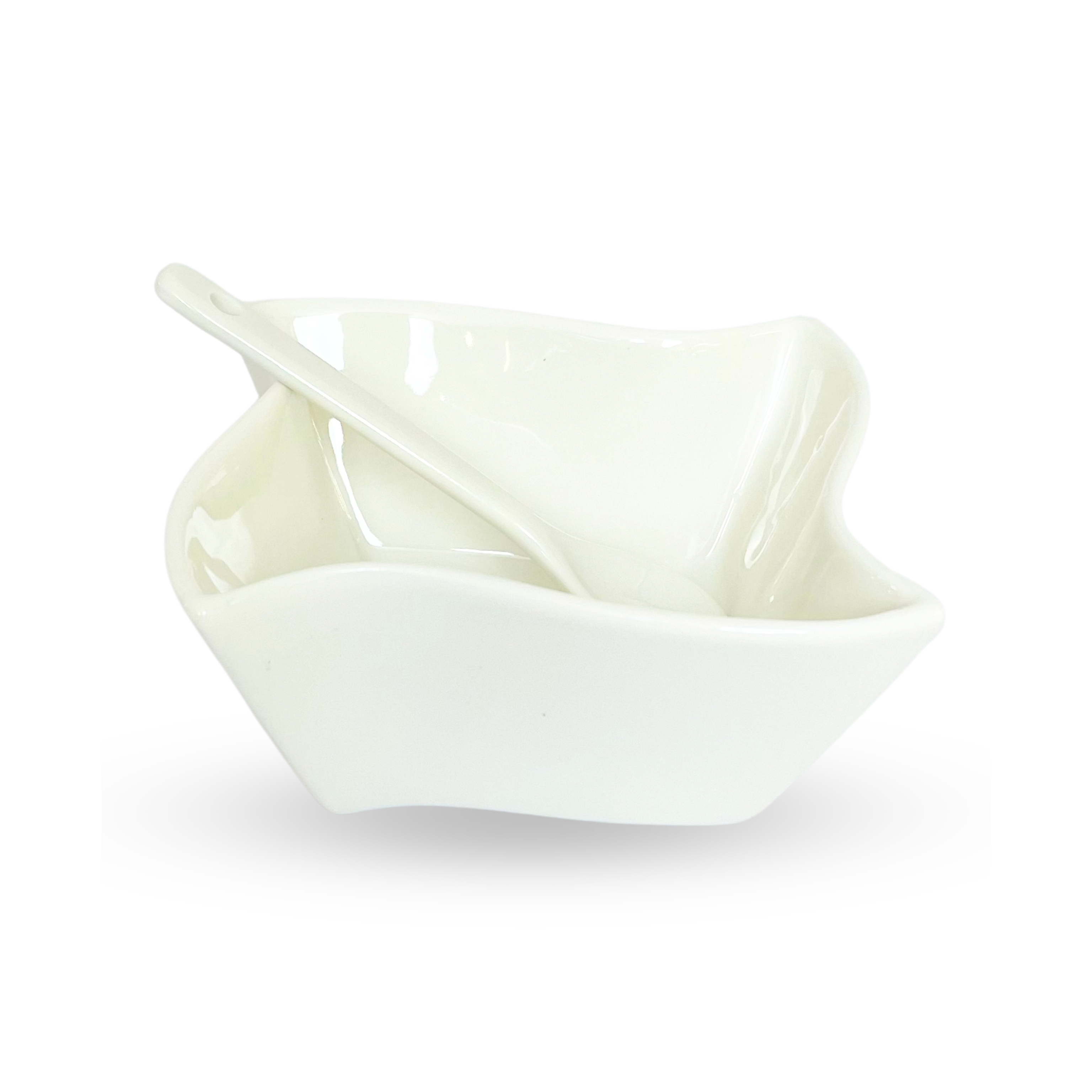 Modern White Wave-Edge Bowl with Spoon – Set of 4