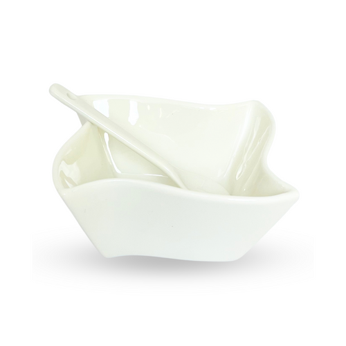 Modern White Wave-Edge Bowl with Spoon – Set of 8