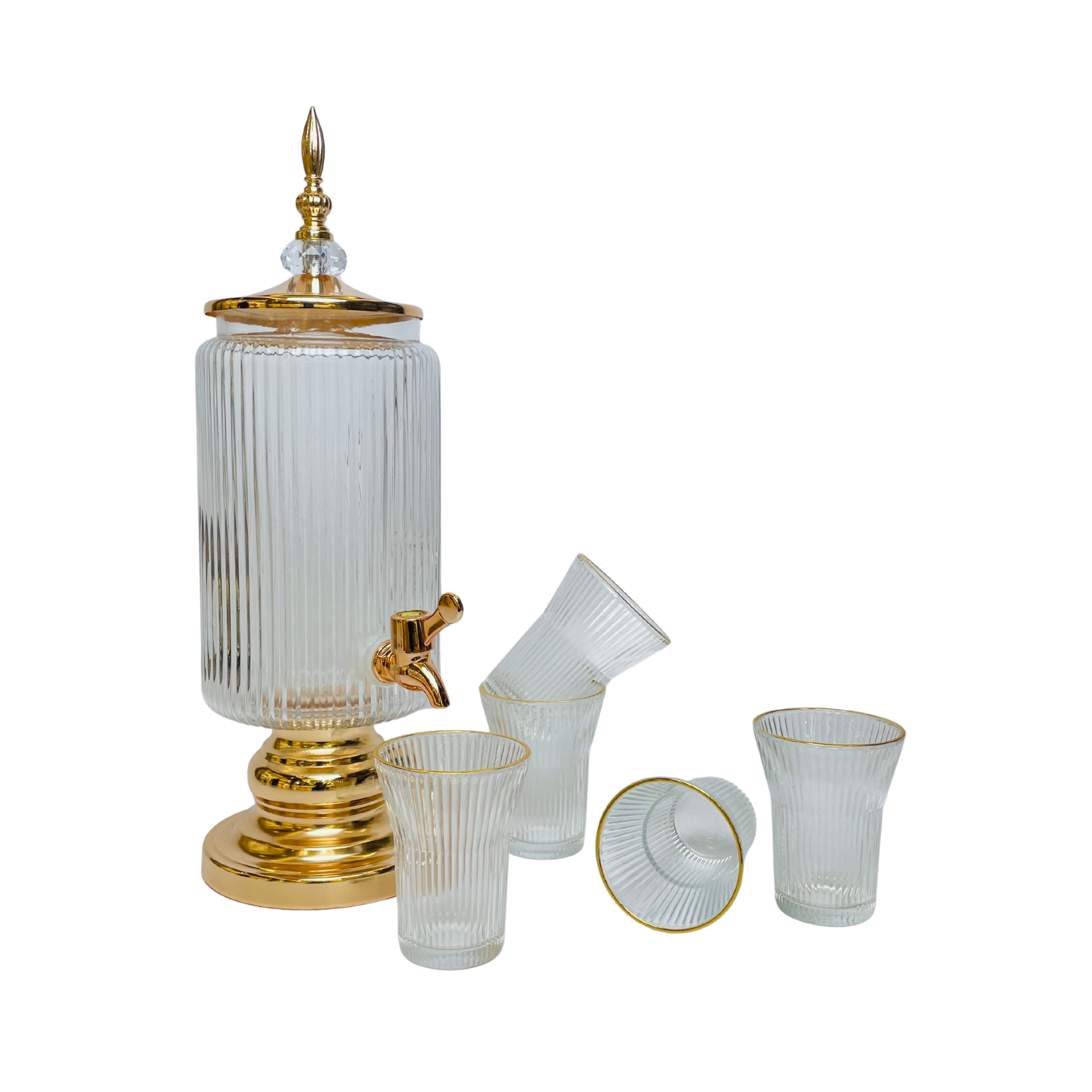 Crystal Royale – Golden Ribbed Glass Beverage Dispenser with 6 Glasses