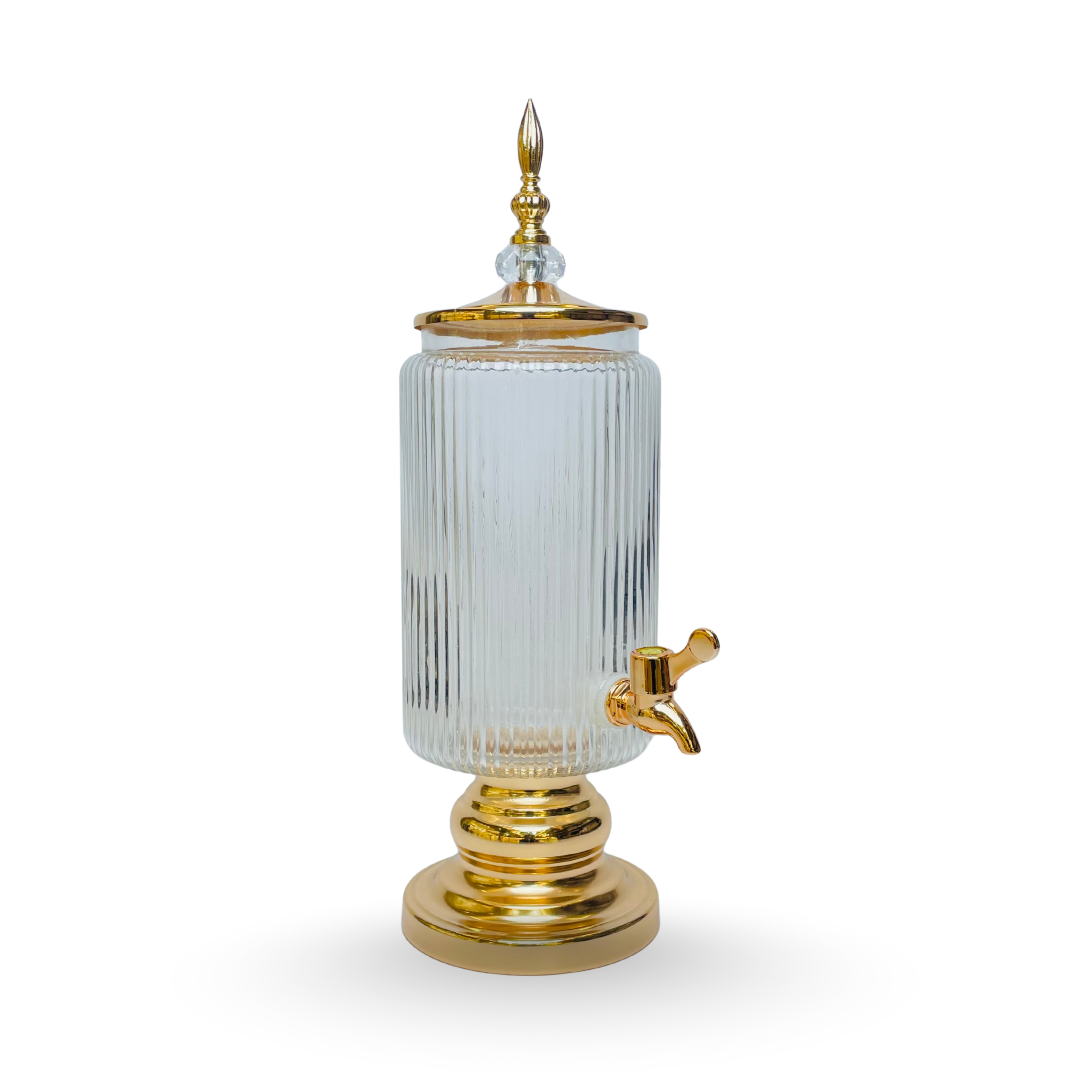 Crystal Royale – Golden Ribbed Glass Beverage Dispenser with 6 Glasses