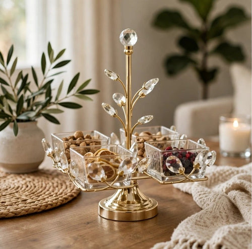4 Bowl Gold & Crystal Botanical Serving Caddy