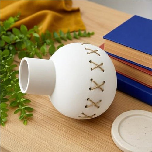 Spherical Ceramic Vase with Twine Cross-Lacing