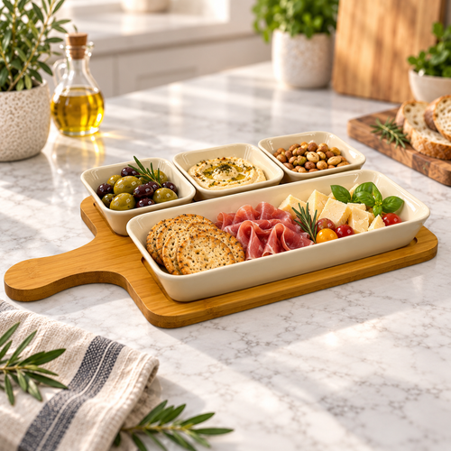 5 Piece Ceramic Bowl Set with Natural Bamboo Serving Board