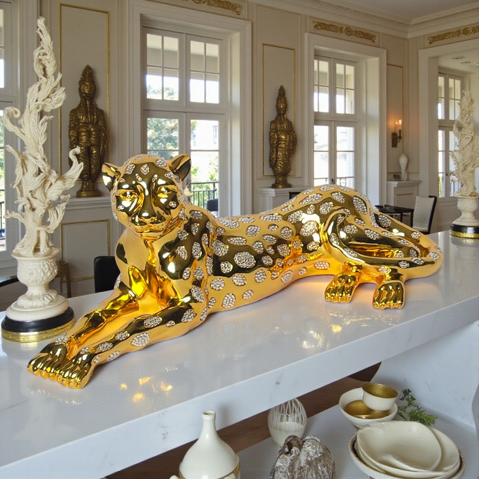 Gold & Crystal Spotted Leopard Sculpture