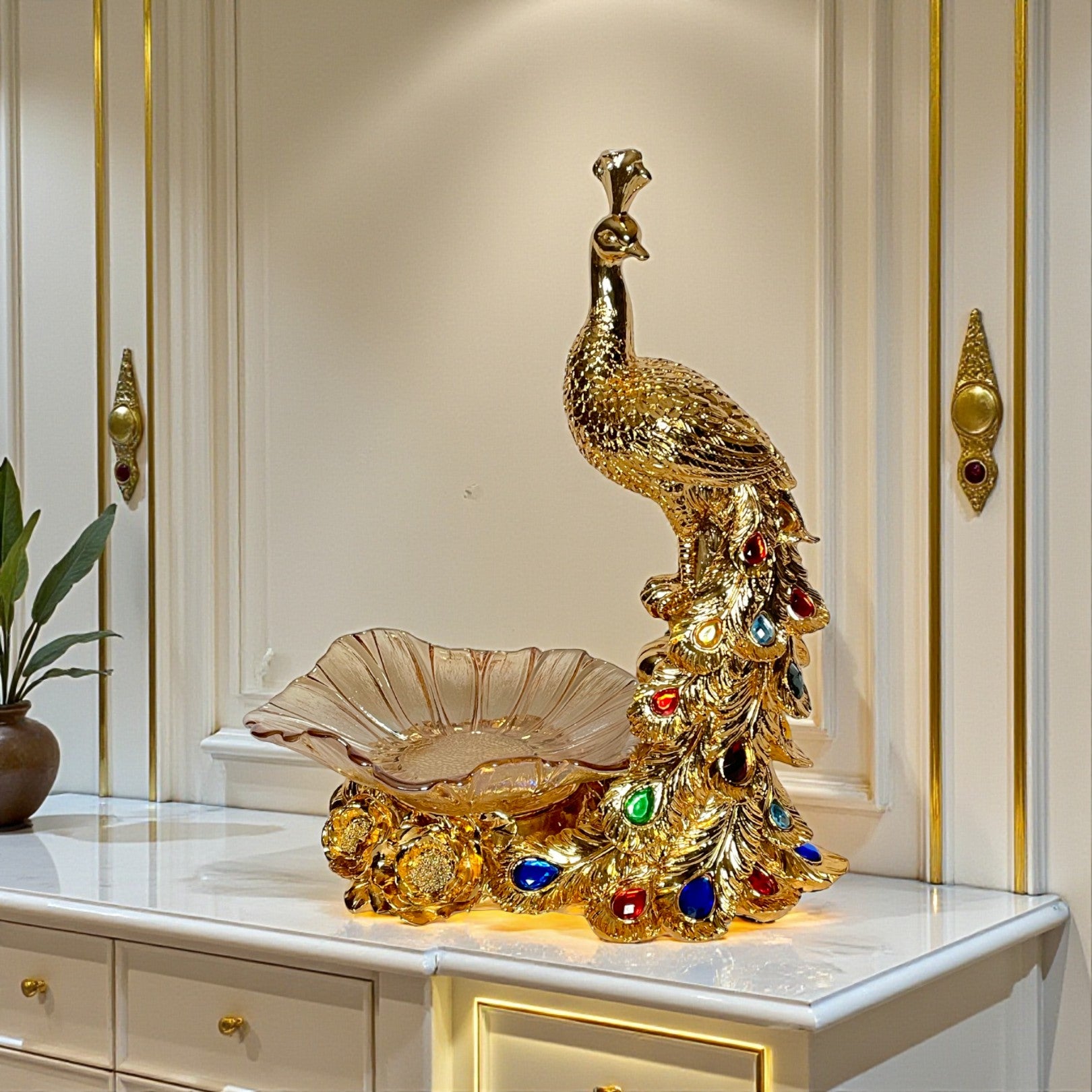 Jeweled Gold Peacock Decorative Bowl