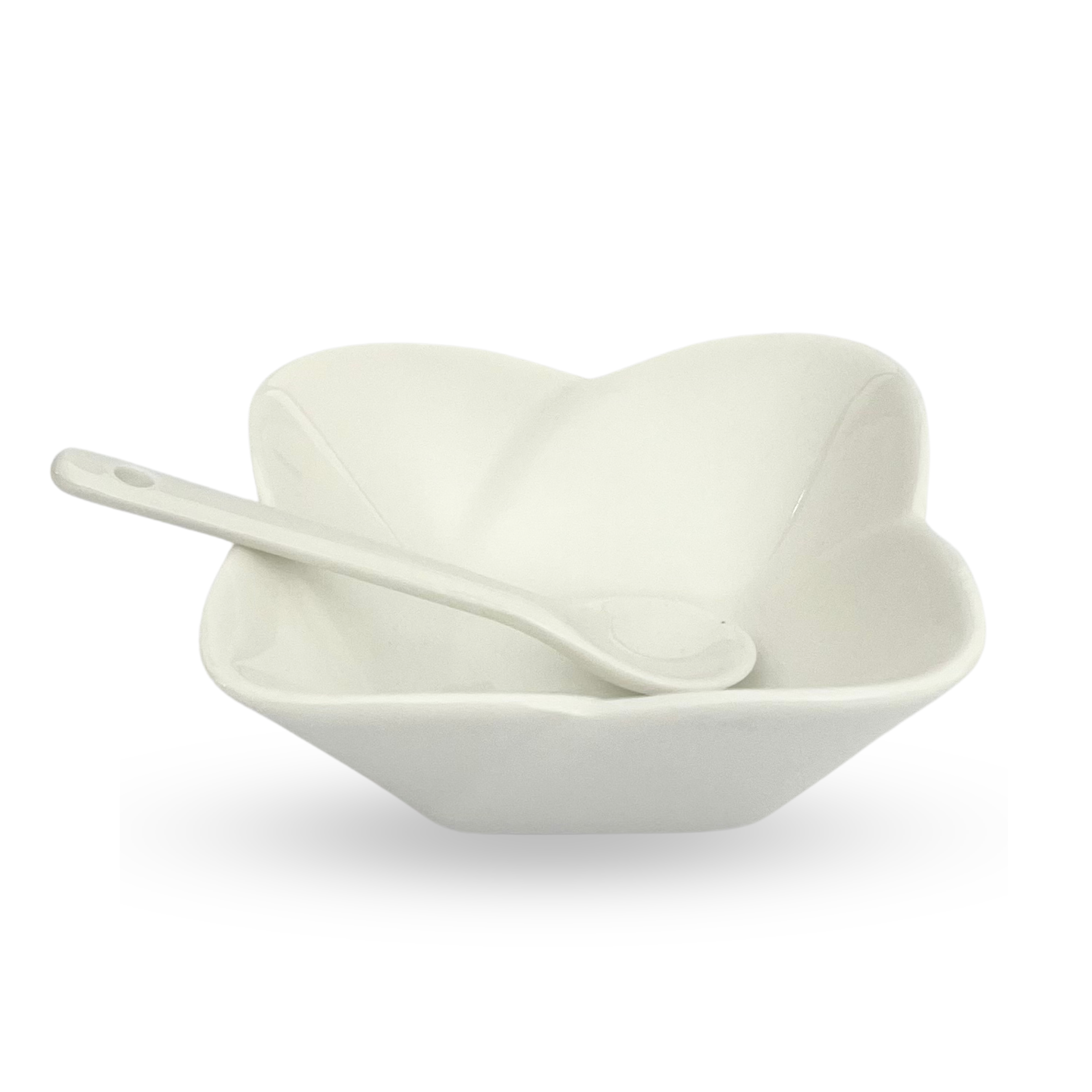 Elegant White Floral-Edge Bowl with Spoon – Set of 4
