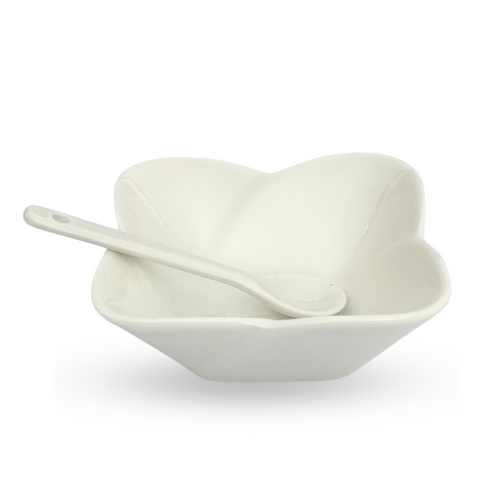 Elegant White Floral-Edge Bowl with Spoon – Set of 8