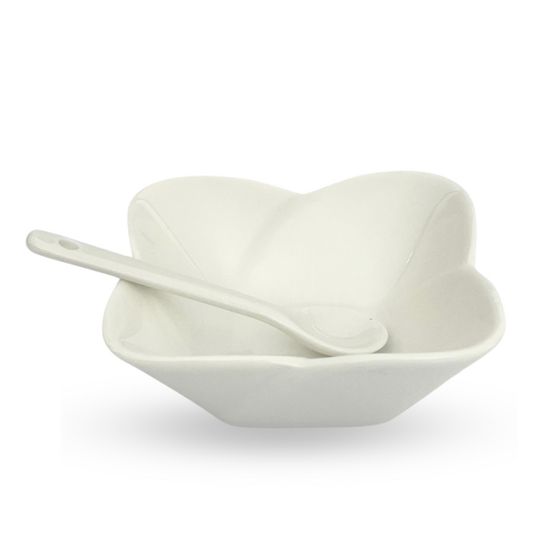 Elegant White Floral-Edge Bowl with Spoon – Set of 8