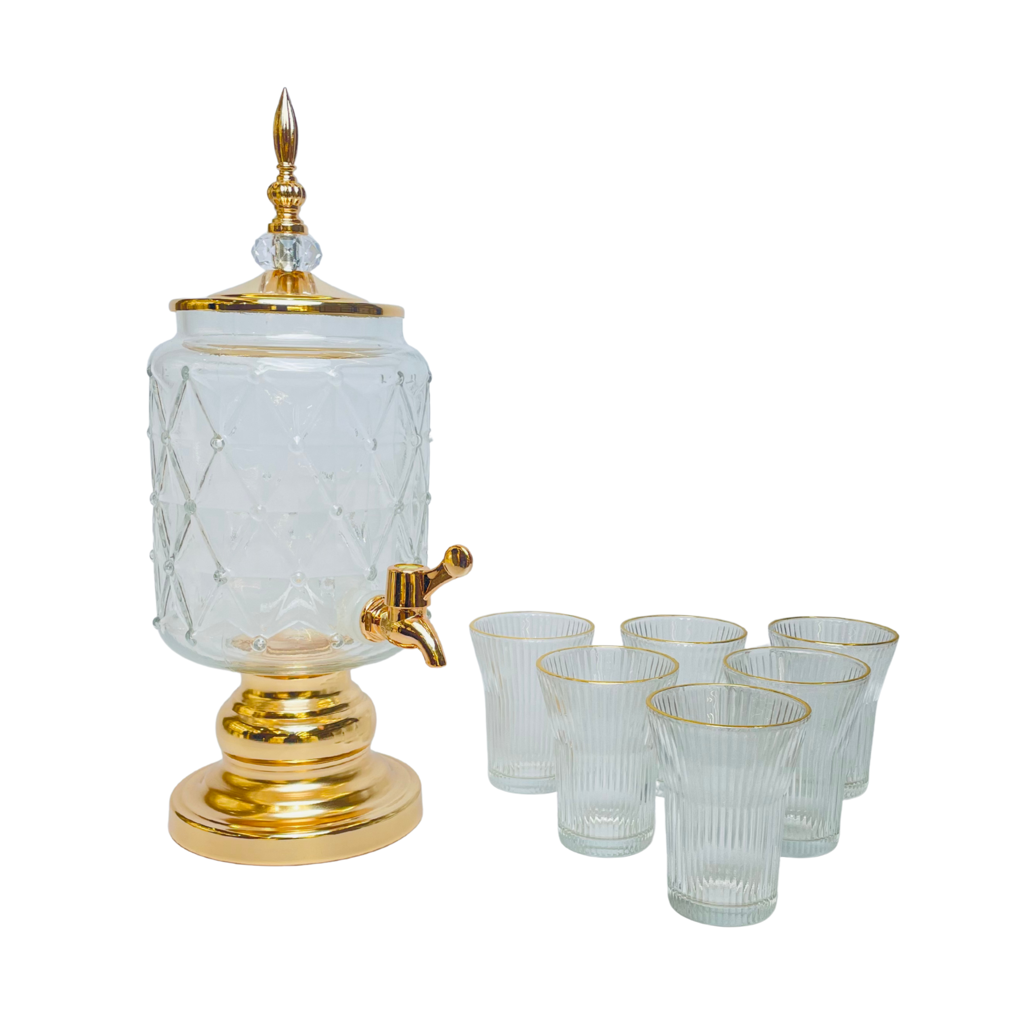 Diamond Luxe – Golden Glass Beverage Dispenser with 6 Crystal Glasses
