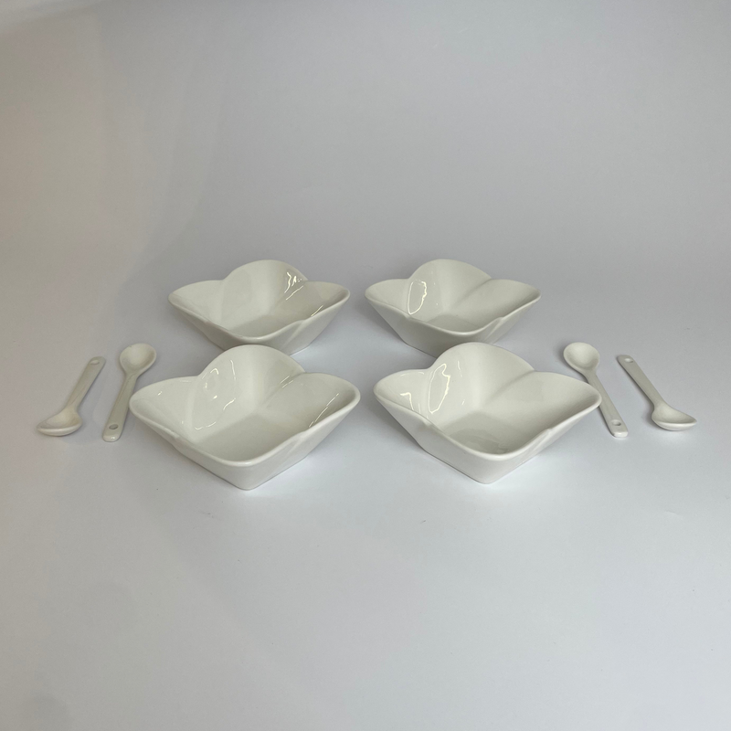 Elegant White Floral-Edge Bowl with Spoon – Set of 8