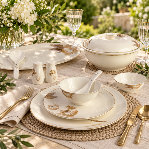 Amber Bloom & Gold Warm Ivory Sepia Floral Fine Dinner Set 39 Pcs